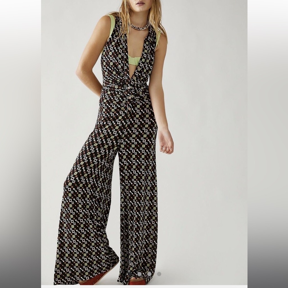 Free People Shayla Halter Jumpsuit 70’s Hippie Boho Wide Leg Black Green floral